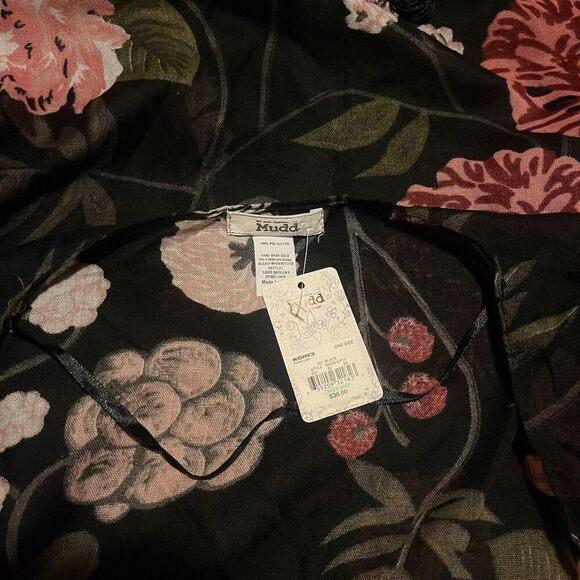 MUDD Fringes Kimono Top Cover Up One Size Floral Open Front 3/4 Sleeves Black - Picture 3 of 3